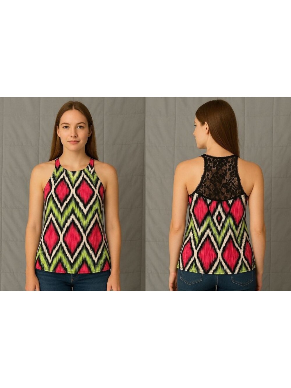 Maringue Womens Sleeveless Multicolor Zigzag Blouse With Lace Top XS